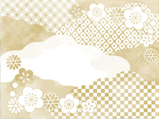 和風背景素材　雲と花　水彩風　金色　ベージュ