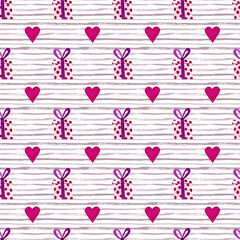 Seamless pattern with cute gift boxes and red hearts on stripped white and grey background. Romantic hand painted watercolor illustration.  Wrapping paper, scrapbook page, wallpaper, fabric, textile