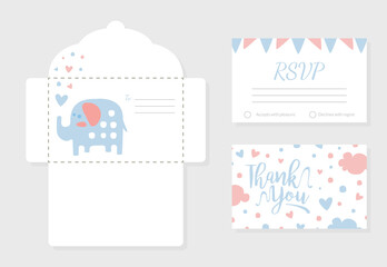 Baby Shower Invitation Card with Lovely Elephant Animal, Envelope, Thank You and Rsvp Cards in Pastel Colors Vector Illustration