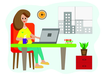 Cute girl working at a laptop in the room from home.  Home office. Vector illustration in flat style.