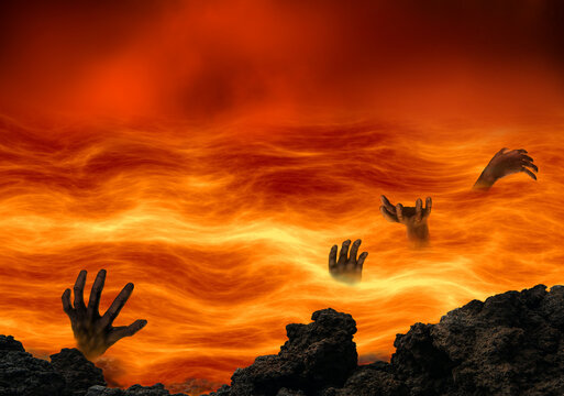 Conceptual hell with wicked souls tormented in a burning lake of fire. Religious theme concept.
