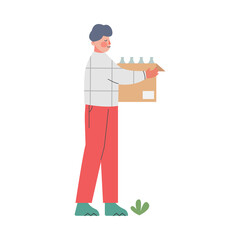 Man Holding Cardboard Box full of Plastic Bottles, People Gathering Garbage for Recycling Cartoon Style Vector Illustration