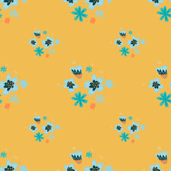 Summer botanic seamless pattern with doodle blue flowers ornament. Yellow background.