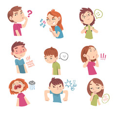 Fototapeta premium Cute Children with Different Facial Expressions Set, Boys and Girls Showing Positive and Negative Emotions Cartoon Style Vector Illustration