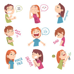 Children with Different Facial Expressions Set, Boys and Girls Showing Various Emotions Cartoon Style Vector Illustration