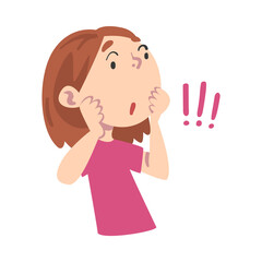 Cute Girl with Surprised Facial Expression, Kid with Exclamation Mark Cartoon Style Vector Illustration