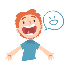 Cute Happy Boy, Child with Smile Symbol in Speech Bubble Cartoon Style Vector Illustration