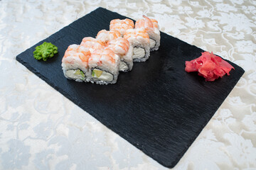 Delicious, juicy and appetizing tender rolls with shrimp