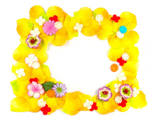 Decorative frame of flowers and leaves on a white background.
