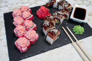 Delicious, juicy and mouth-watering California luxury rolls and signature dragon