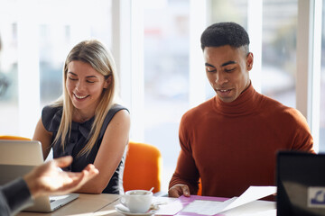 Company commission enjoying an interview with an applicant for a job. People, job, company,...