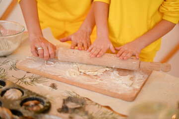 young girl is cooking cake with mother