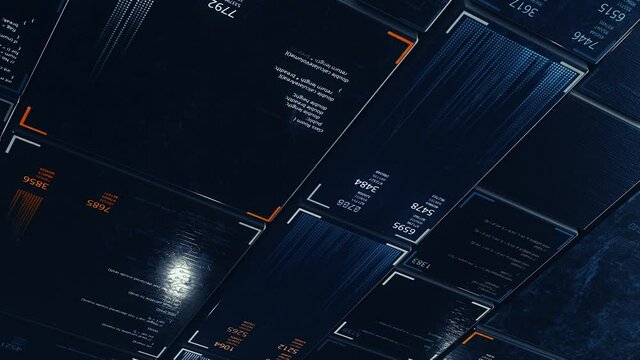 Blocks of program code flying in virtual space divided into different moving digital screens, seamless loop. Animation. Concept of program for password hacking.