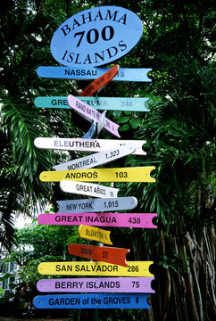 Colourful signposts in the Bahamas.