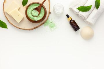 Organic cosmetic set with tea olive leaves and sea salt