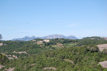 Fototapeta na wymiar Panorama of the mountains and forests of La Mola, in Catalonia. View of Montserrat. Catalunya, Bages, Barcelona. 