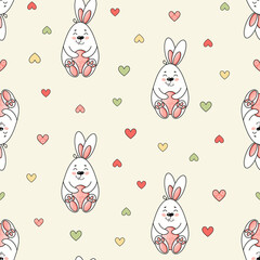 Seamless vector pattern with traditional symbols of Easter. Funny white bunnies with colorful hearts. Cute hand drawn vintage background for wrapping paper, print, gift, fabric, textile, banner, web.
