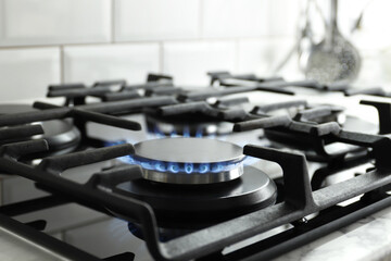 Closeup shot of blue fire from domestic kitchen stove top. Gas cooker with burning flames of...