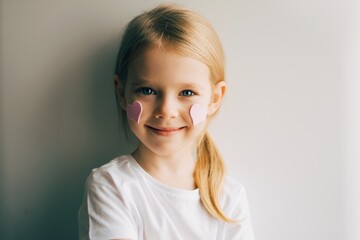 Pretty smilling blue-eyed blonde little girl with pink hearts on her cheeks on a white, grey background. Child and valentines day. Love. Pink hearts on a face.Happy girl. - 403785494