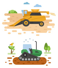 Obraz na płótnie Canvas Agricultural machinery vector icon set isolated on white scene. Farming, harvesting, gardening. Illustration vector design