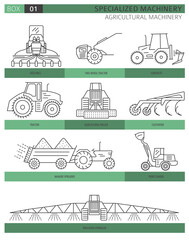 Special agricultural machinery linear vector icon set isolated on white