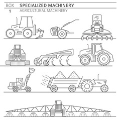 Special agricultural machinery linear vector icon set isolated on white