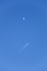 Vertical low angle shot of the moon captured in the sky during the daytime with a aircraft contrail