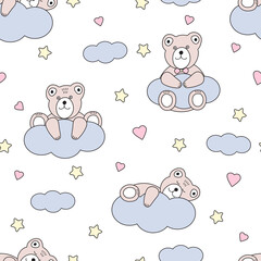 Cute bear and clouds. Hearts and stars. Seamless pattern.