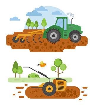 Agricultural machinery vector icon set isolated on white scene. Farming, harvesting, gardening. Illustration vector design