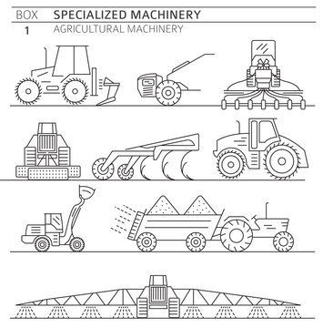 Special agricultural machinery linear vector icon set isolated on white