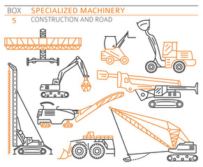 Special industrial construction and road machine linear vector icon set isolated on white