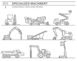Special industrial construction and road machine linear vector icon set isolated on white