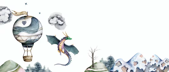 Papier Peint photo Chambre de bébé Montgolfière volante de dragon vert fée magique avec des éléments et des personnages de paysage de forêt et de montagne. Dessin animé aquarelle dessinés à la main mis aventure kid illustration sur fond blanc