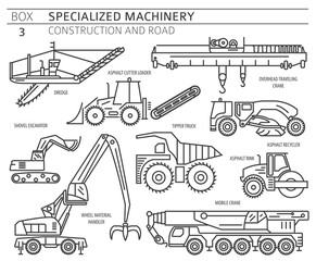 Special industrial construction and road machine linear vector icon set isolated on white