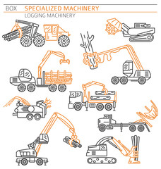 Special industrial logging machine linear vector icon set isolated on white - obrazy, fototapety, plakaty