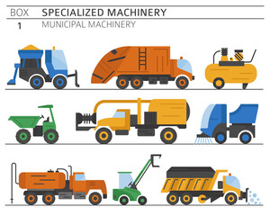 Special industrial road and municipal machine. Colour flat vector icon set isolated on white