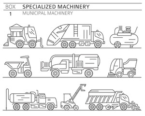Special industrial road and municipal machine linear vector icon set isolated on white