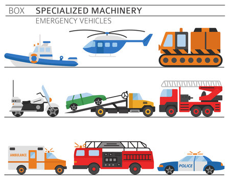 Specialized machines, emergency vehicles colour vector icon set isolated on white