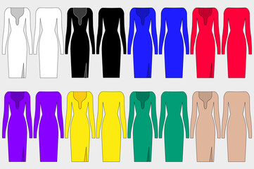 Fototapeta na wymiar Collection of colored dresses. Dress patterns for sewing. Front and back views. Evening outfit. Casual, business dress. Vector illustration