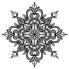 Vector hand drawn mandala isolated on white background. Mandala coloring page. Valentine's day greeting card. Outline mandala of hearts.