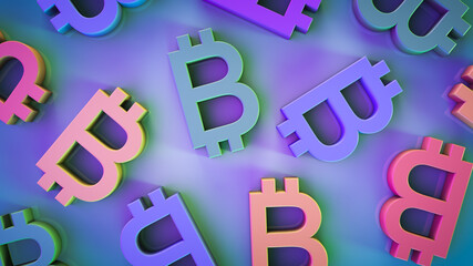 Cryptocurrency theme background. Multi-colored bitcoin symbols are randomly located on the surface.