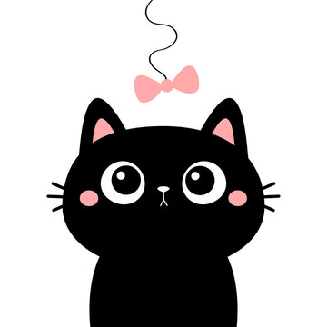 Cat head face looking at bow hanging on thread. Black silhouette sticker print. Cute cartoon funny character. Kawaii pet animal. Greeting card. Notebook cover template. Flat design. White background.