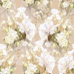 Fototapeta na wymiar Garden flowers rose, peony, iris, chamomile painted in watercolor with leaf. Floral seamless pattern on beige background.
