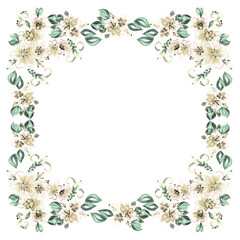 Illustration of watercolor flowers with  leaves. Wreath   on white background.  Beautiful pattern for decoration and design.