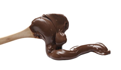 Creamy chocolate with wooden spoon isolated on white background