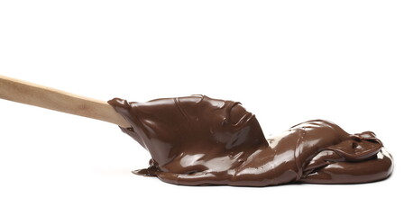 Creamy chocolate with wooden spoon isolated on white background
