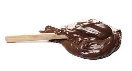 Creamy chocolate with wooden spoon isolated on white background