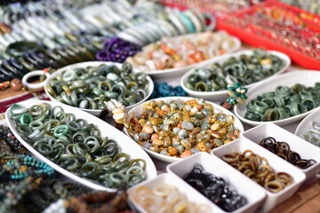 Stone and jade jewelry Beautiful traditional Mon designs at Mon Market, Sangkhlaburi District, Kanchanaburi Province, Thailand