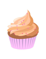 Cupcake beige icing decorated with pink sprinkles inpink paper case. Creme Brulee Coffee Caramel Taste