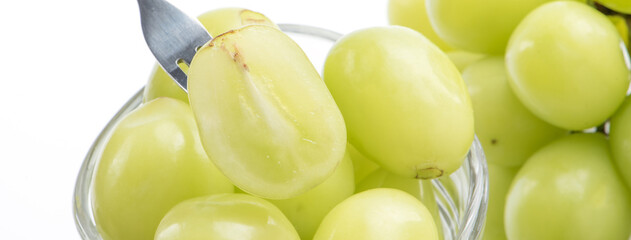 Beautiful boxed Shine Muscat green grape isolated on white background.